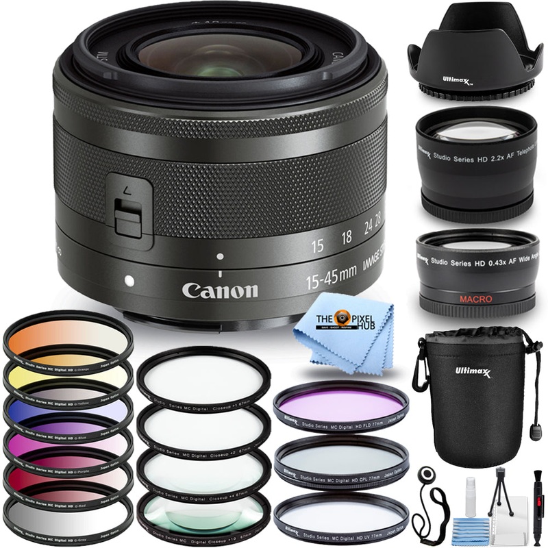 Canon EF-M 15-45mm IS STM Lens (Graphite) + Filter Kit Bundle – White Box