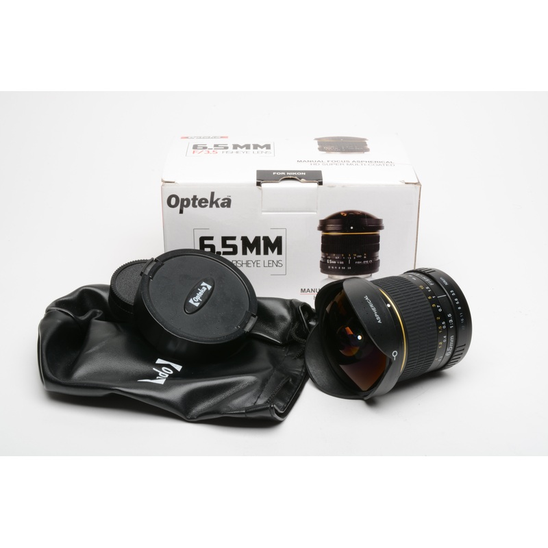 Opteka 6.5mm f3.5 Fisheye Prime lens w/pouch, caps, box, Nikon F-Mount
