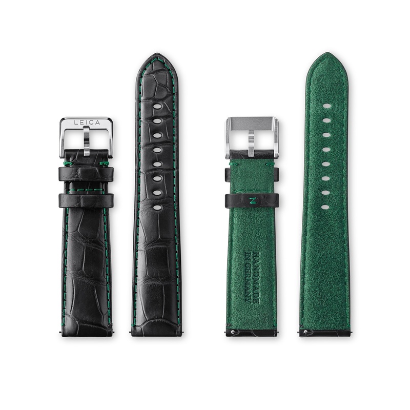 Alligator-leather strap L, matte black, Alcantara green backlining, mounted stainless-steel pin buckle S