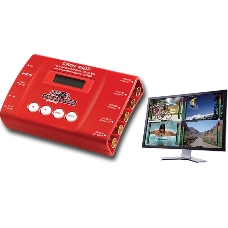 Decimator Design DMON-QUAD 3G/HD/SD-SDI Quad Split Multi-Viewer, 3G/HD/SD-SDI + HDMI Outputs  – DD-DMON-QUAD