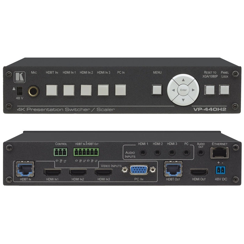 Kramer Electronics VP-440H2 Compact 5Input 4K60 4:4:4 Presentation Switcher/Scaler with HDBaseT & HDMI Simultaneous Outputs