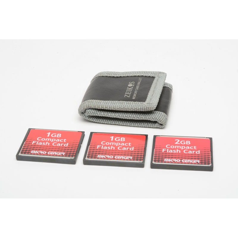 3X Micro Center Compact flash cards (2X 1GB & 1X 2GB) in pouch, nice, clean, formatted