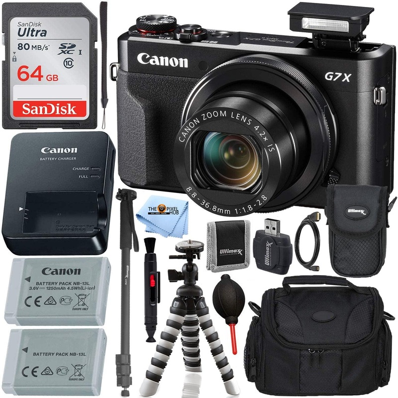 Canon PowerShot G7 X Mark II Digital Camera (Black) with Ultimate Accessory Bundle – Includes: Ultra 64GB SDXC Memory Card, Extra Battery, 72″ Monopod, 8″ Gripster, Carrying Case & More