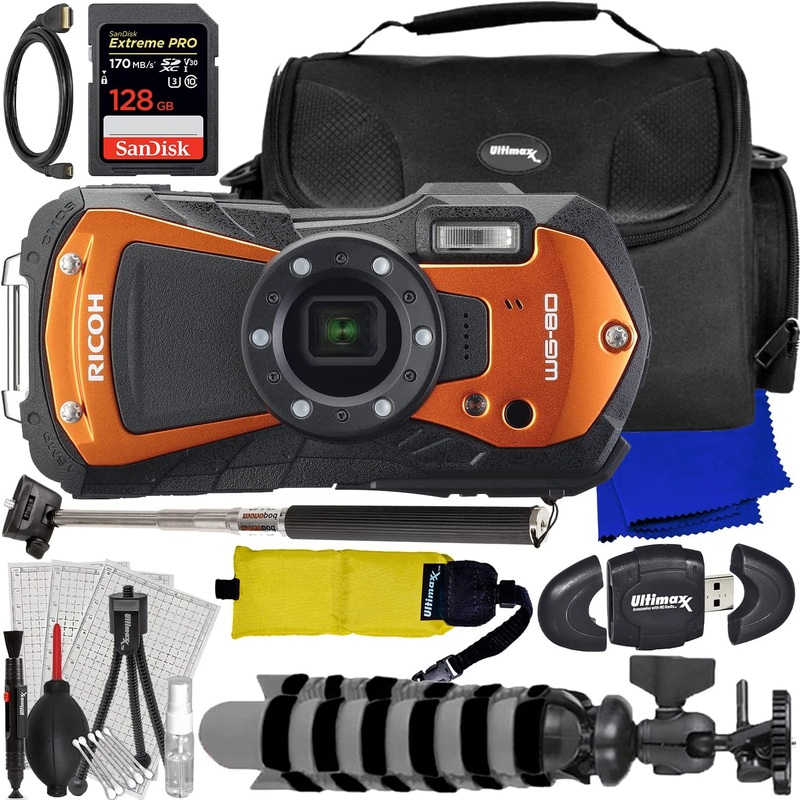 Ricoh WG-80 Digital Camera (Orange) 03128 – 10PC Accessory Bundle